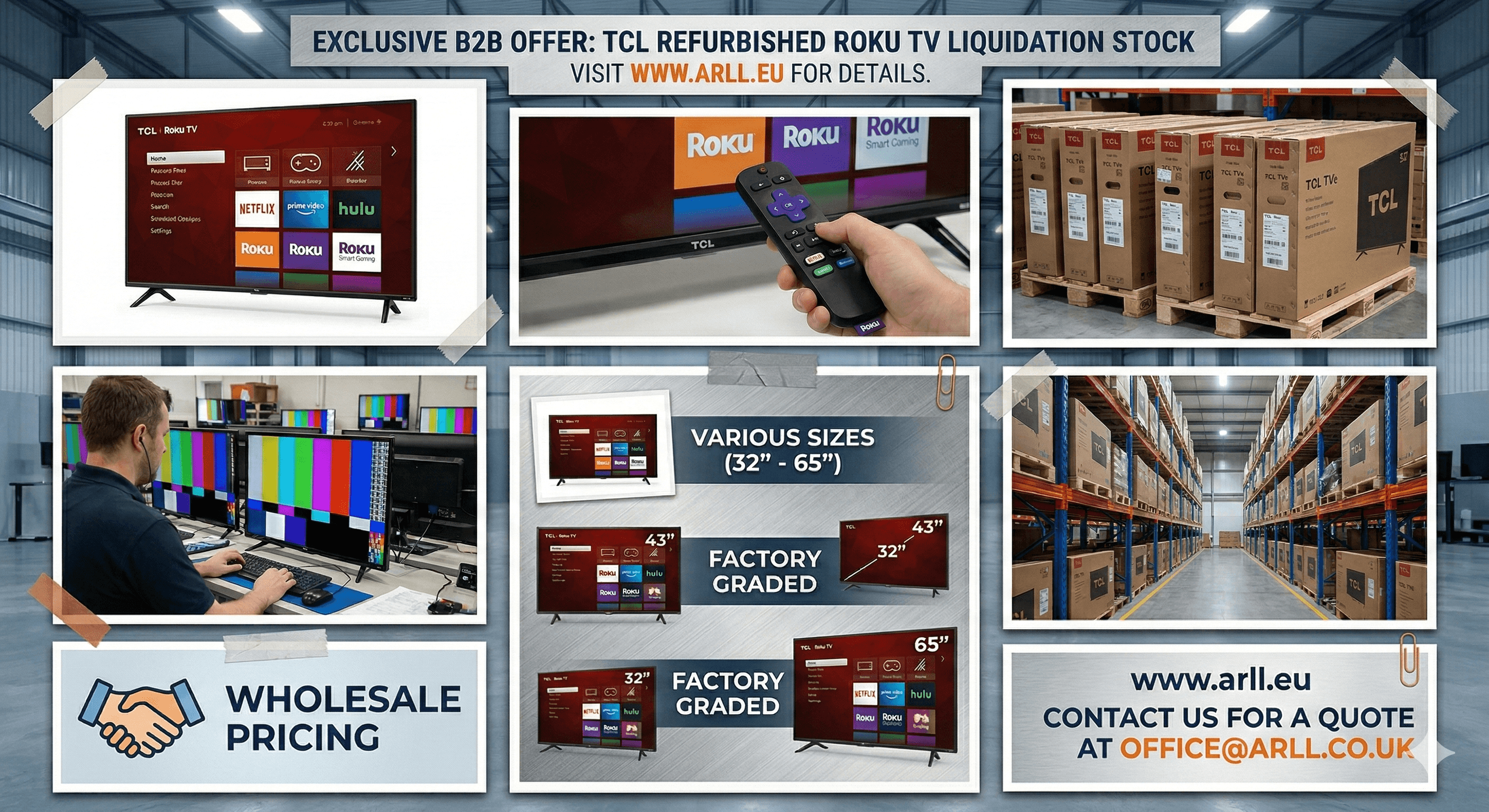 TCL Roku TVs - Manufacturer-Refurbished Lot of 859 Units on 65 Pallets (Germany-Only, Geo-Locked Roku OS)