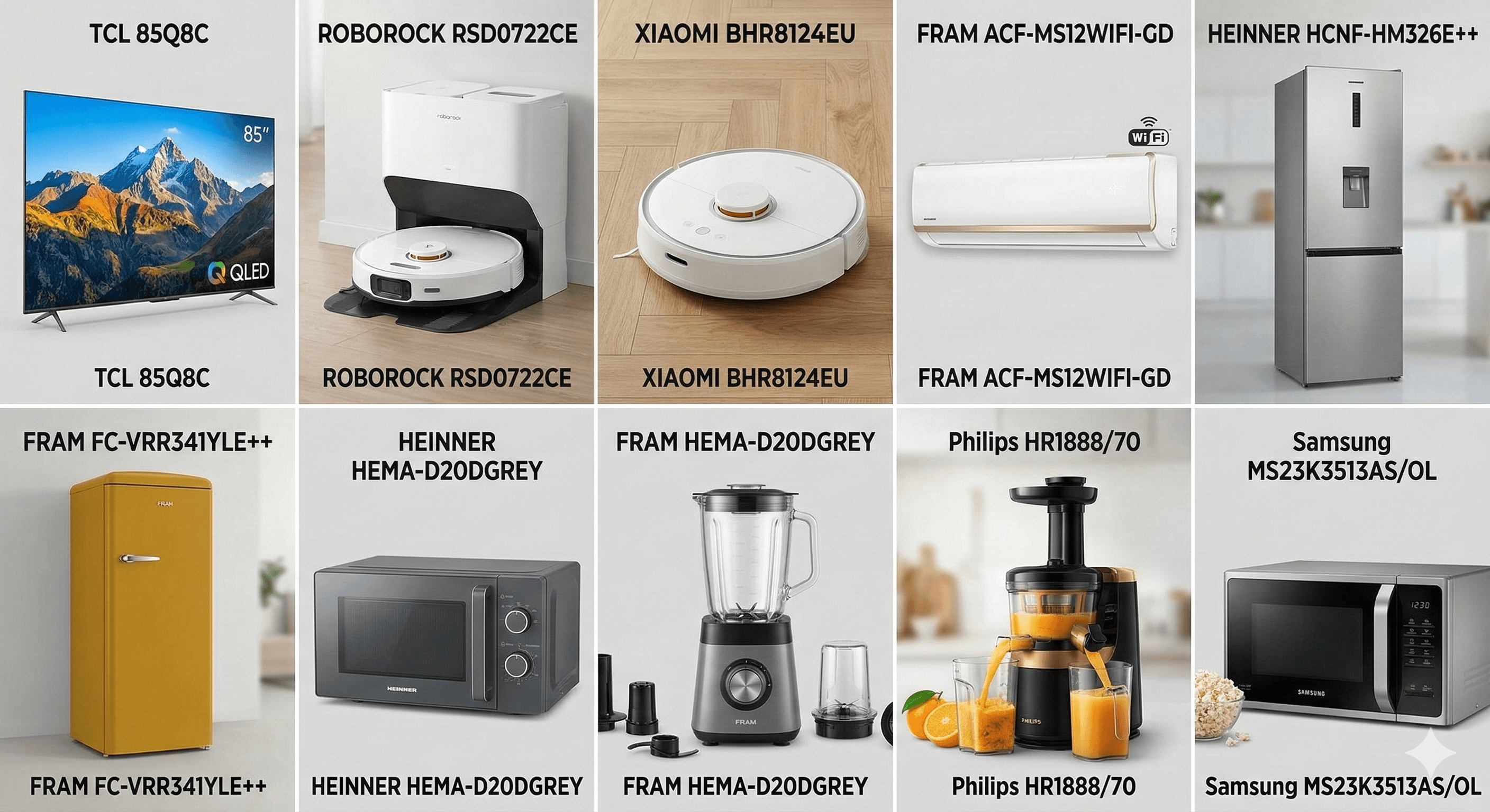 Mixed Home Appliances & Consumer Electronics — Romania Stock Heinner · Fram · Roborock · Xiaomi · Horizon · TCL · Candy · Vision 279 units | 222 SKUs | Pick & Choose Available